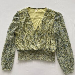 Autres Filles Yellow Floral Long Sleeve Smocked Waist Blouse Top XL